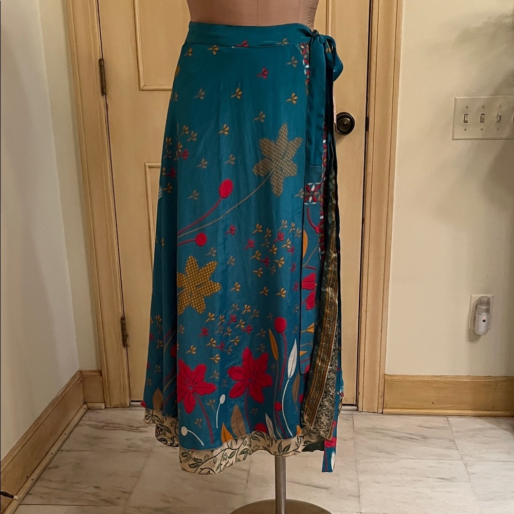 DARN GOOD YARN NWT Boho Granola 100% Silk Teal Sari Wrap Midi Skirt O/S (4-12)